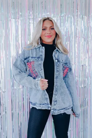 Venue Worthy Sequin Patch Pocket Denim Jacket