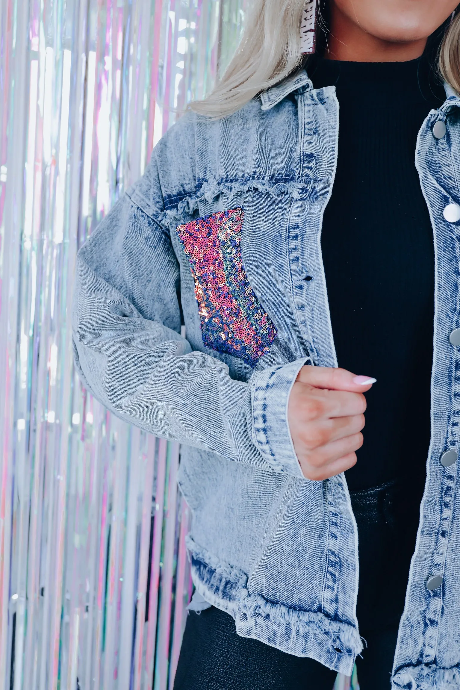 Venue Worthy Sequin Patch Pocket Denim Jacket