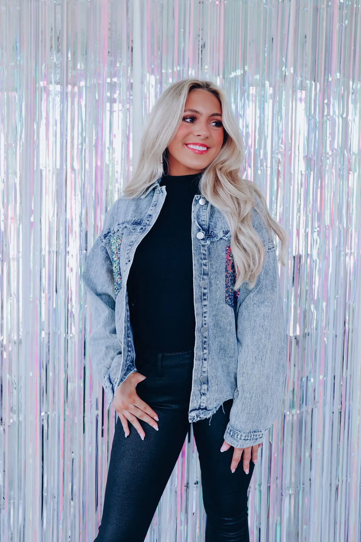 Venue Worthy Sequin Patch Pocket Denim Jacket