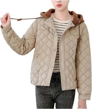 Women's Cropped Puffer Jackets Color Block Hooded Down Jackets Teen Girls Trendy Quilted Thicken Street Winter Coats